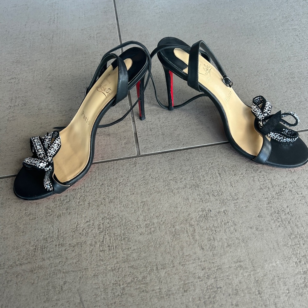 Christian Louboutin - Black Leather Rhinestone Sandal - Size 38 - Picture 2 of 3